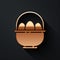 Gold Basket with easter eggs icon isolated on black background. Happy Easter. Long shadow style. Vector.