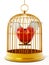 Gold bird cage with heart isolated on white background. 3D illustration