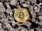 Gold bitcoin on a coal`s background. Mayerized Crypto currency. Payroll through the Internet. To drip crypto currency bitcoin. The