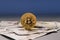 Gold bitcoin coin, dollar. Crypto Investing cryptocurrency exchange money. Bitcoin to USD. Close up