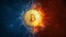 Gold bitcoin coin hard fork in fire flame, lightning and water splashes.