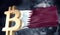 Gold bitcoin cryptocurrency with a waving Qatar flag. 3D Rendering