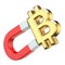 Gold BITCOIN currency sign on red magnet 3D