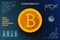Gold bitcoin front view on digital background