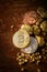 Gold bitcoin physical Bitcoin-Cryptocurrency and Gold nugget grains. Business concept