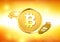 Gold bitcoins on orange background.