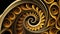 Gold and black abstract recursive spiral texture pattern, wallpaper or banner design. Generative AI illustration.