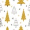 Gold and black contour Christmas trees are decorated on a white background for the winter holidays