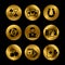 Gold and black lottery, roulette, casino, slot machine, gambling vector icons