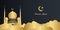 Gold black presentation background with copy space. Vector illustration with mosque and moon, place for text greeting card and