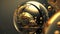 a gold and black sphere with bubbles and a fish in the middle of the sphere is a gold and black background with bubbles and