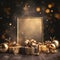 Gold blank card decorated with gifts baubles, dust, bokeh effect. Space for your own content. Gifts as a day symbol of present and