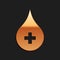 Gold Blood drop icon isolated on black background. Donate drop blood with cross sign. Donor concept. Long shadow style