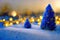 Gold and Blue Christmas Tree Glows Brightly On Snow Covered Foggy Christmas Morning.