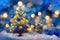 Gold and Blue Christmas Tree Glows Brightly On Snow Covered Foggy Christmas Morning. Ai digital art illustration