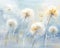 Gold and blue dandelions are on a white background.