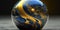 Gold and blue glass globe marble. Shiny, flowing stone design. Abstract planet, 3d world. Science background wallpaper.