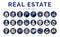 Gold Blue Real Estate Round Icon Set of Home, House, Apartment, Buying, Renting, Searching, Investment, Choosing, Wishlist, Low