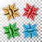 Gold, blue, red, green bow 3D ribbons set. Decor golden element package Shiny decorations gift, holiday design,