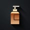 Gold Bottle of shampoo icon isolated on black background. Long shadow style. Vector