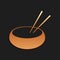 Gold Bowl with asian food and pair of chopsticks silhouette icon isolated on black background. Concept of prepare