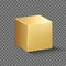 Gold box. Golden metal cube. Realistic 3D glossy block. Vector geometric modern illustration