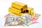 Gold bricks with bitcoin, dollar, yen, renminbi on white background