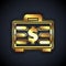 Gold Briefcase and money icon isolated on black background. Business case sign. Business portfolio. Vector