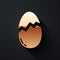 Gold Broken egg icon isolated on black background. Happy Easter. Long shadow style. Vector.