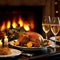 Gold-brown roasted turkey garnished with herbs and oranges. Wine glasses, candles, glowing fireplace. Christmas fine dining