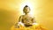 Gold Buddha statue with aura on yellow sky background