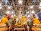 Gold buddha statue in Mosaic sanctuary Glass Chapel at Wat Muang, Angthong, Thailand. Beautiful of historic city at buddhism