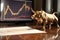 a gold bull figurine on a table next to line graphs