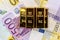 Gold bullions at euro banknotes background closeup