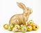 Gold bunny rabbit on white background with gold eggs