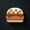 Gold Burger icon isolated on black background. Hamburger icon. Cheeseburger sandwich sign. Fast food menu. Long shadow