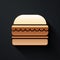 Gold Burger icon isolated on black background. Hamburger icon. Cheeseburger sandwich sign. Fast food menu. Long shadow