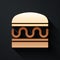 Gold Burger icon isolated on black background. Hamburger icon. Cheeseburger sandwich sign. Fast food menu. Long shadow