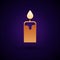 Gold Burning candle icon isolated on black background. Cylindrical candle stick with burning flame. Vector