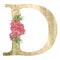 Gold capital letter D decorated with peonies flowers and leaves.