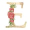 Gold capital letter E decorated with peonies flowers and leaves.