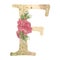 Gold capital letter F decorated with peonies flowers and leaves.