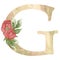 Gold capital letter G decorated with peonies flowers and leaves.