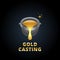 Gold casting logo. Cast iron ladle and fused gold, copper. Extraction of precious metals. 3d style.