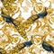 Gold chains and peacock seamless pattern. luxury illustration. golden bird. love design.