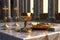 Gold chalice of catholic religion on altar table. Generative Ai.