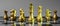 Gold Chess figure team King, Queen, Bishop, Knight, Rook and Pawn on Chessboard against opponent during battle. Strategy,