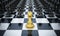 Gold chess pawn standingin front of black chess pieces. 3D illustration