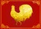Gold chicken rooster zodiac low poly symbols on red background and gold frame for chinese new year card
