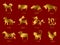 Gold chinese horoscope zodiac animals. Vector symbols of year isolated on red backdrop